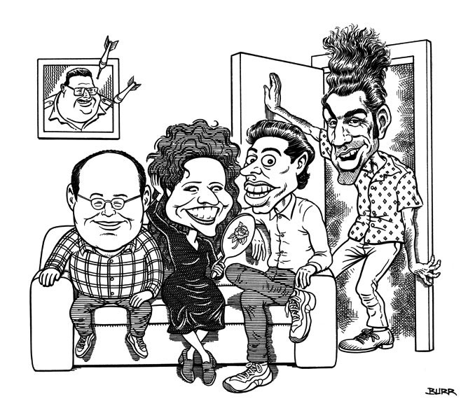 Jerry Seinfeld, Julia Louis-Dreyfus, Jason Alexander, Michael Richards, and Wayne Knight caricatures