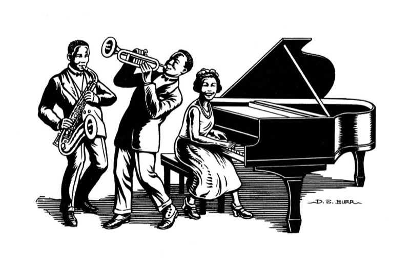 African American 1930s jazz trio line art illustration